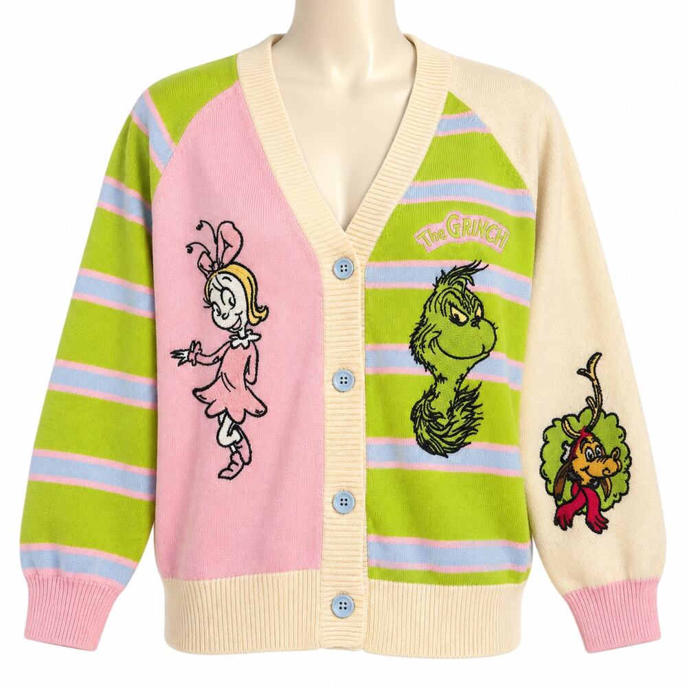 The Grinch Cindy Lou Who Max Colorblock Christmas Cardigan Sweater Women's L